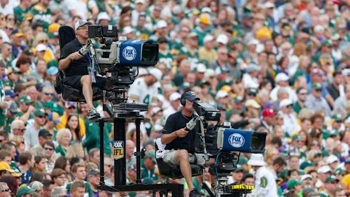 A couple Fox cameras at Lambeau Field in 2019.